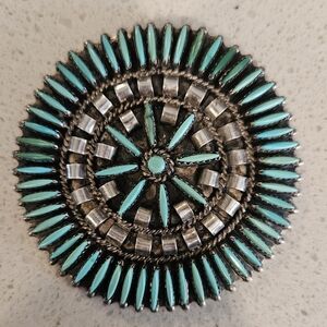 Vintage Nathaniel & Rosemary NEZ Needlepoint Turquoise and Silver Pendant Brooch
